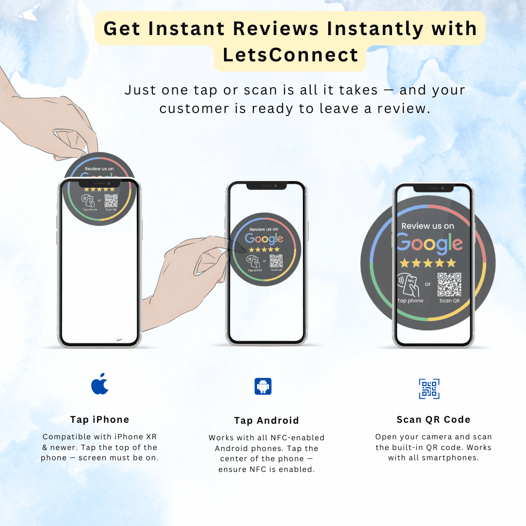Black Google Review NFC sticker in use